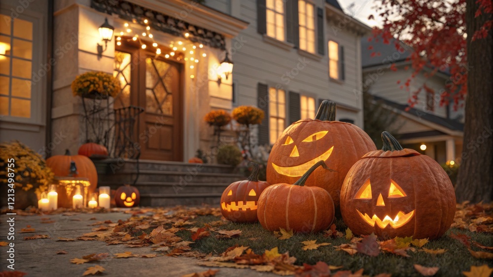 Obraz premium Spooky Halloween Jack-o'-lanterns on Porch, Autumn Leaves, Lit House, Night Scene, Halloween Decor Halloween, Jack o lantern
