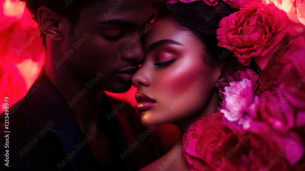 A man and a woman are hugging each other in a flower arrangement. Generative AI A man and a woman are hugging each other in a flower arrangement. Generative AI