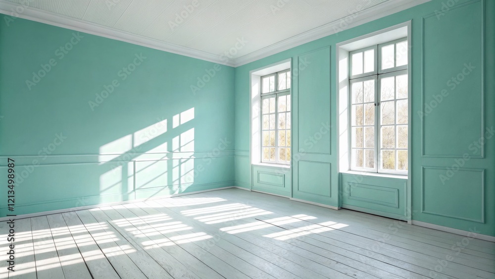 Fototapeta premium Sunlit Mint Room White Wood Floor, Teal Walls, Large Windows, Interior Design, Empty Space. Interior Design, Photography