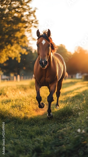 A horse galloping across a grassy field at sunset with a sense of freedom