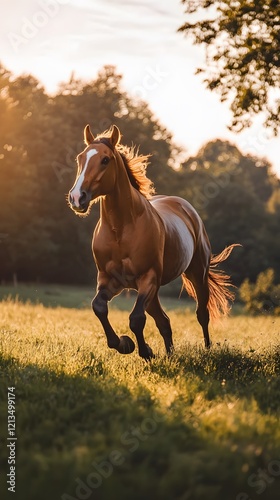 A horse galloping across a grassy field at sunset with a sense of freedom