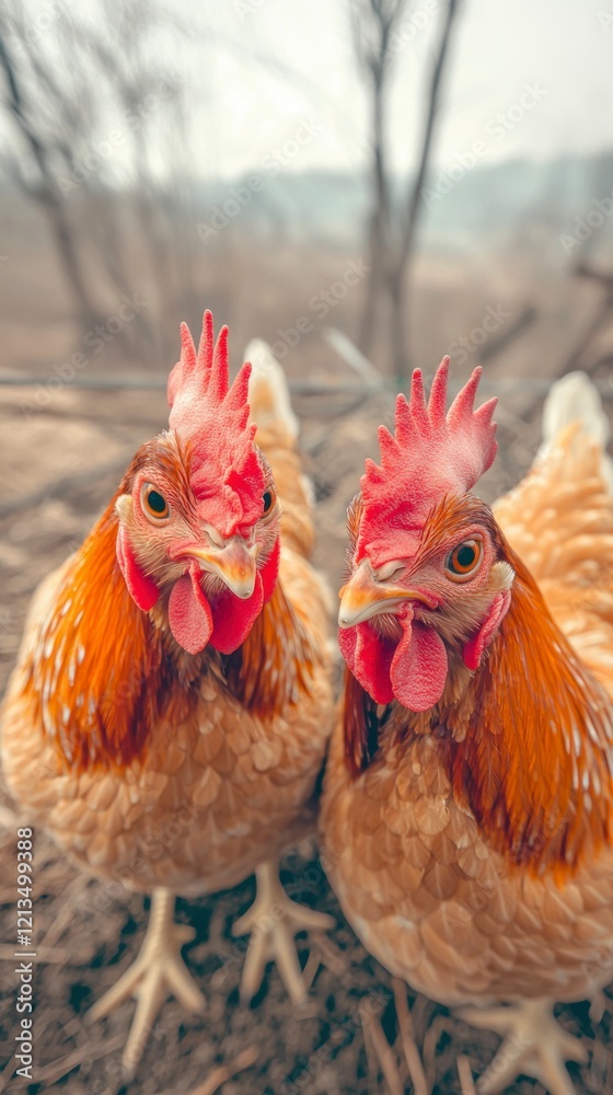 Fototapeta premium Close up of Two Chickens Farm Animals Red Combs Vivid Eyes
