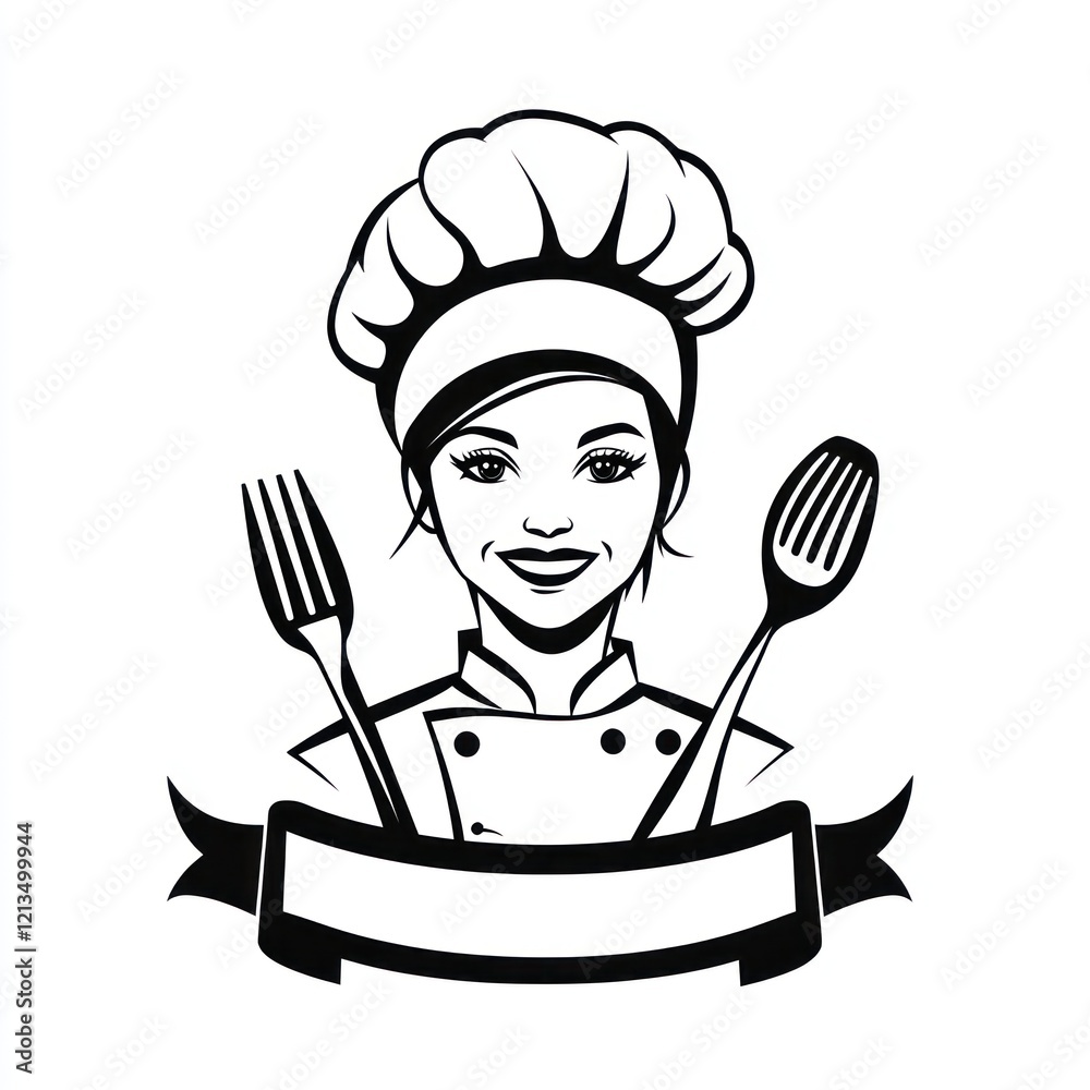 Chef holding utensils with banner, food industry use Chef holding utensils with banner, food industry use