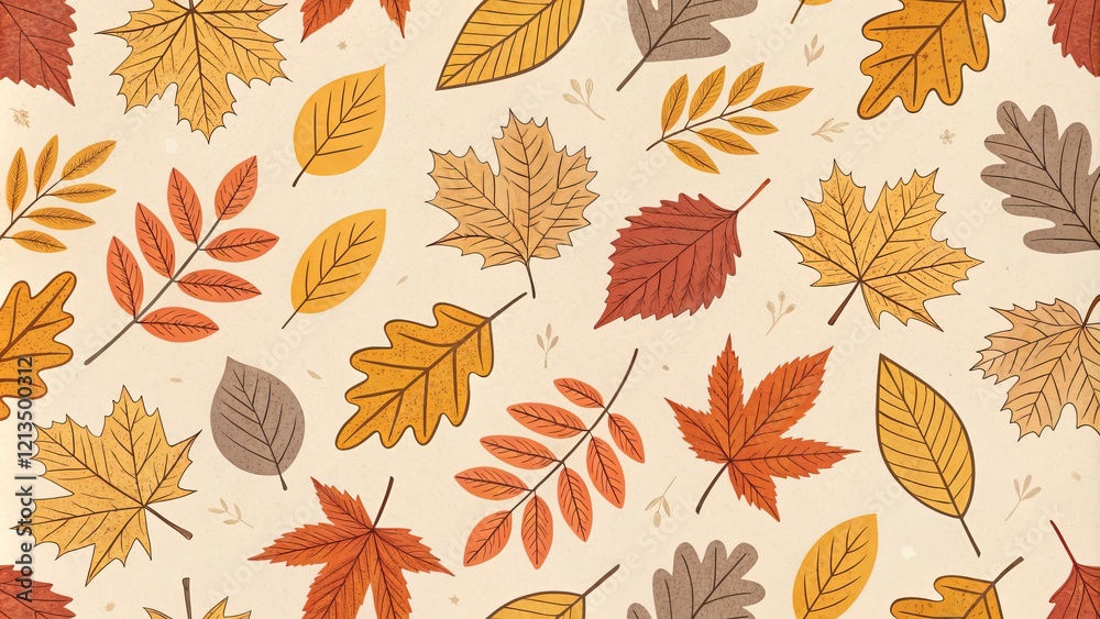 Fototapeta premium Autumn Leaves Pattern Beige Background,Fall Foliage Illustration,Seamless Design Autumn,Fall Leaves