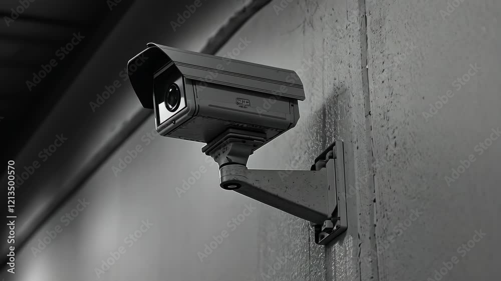 Security camera mounted on a wall in a dimly lit corridor for surveillance and safety measures Security camera mounted on a wall in a dimly lit corridor for surveillance and safety measures