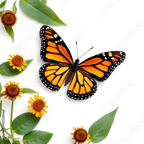 monarch butterfly - Danaus plexippus - or milkweed, common tiger, wanderer, and black veined brown, one of the most popular butterflies.  Milkweed is their host plant.  isolated on white, top view photo