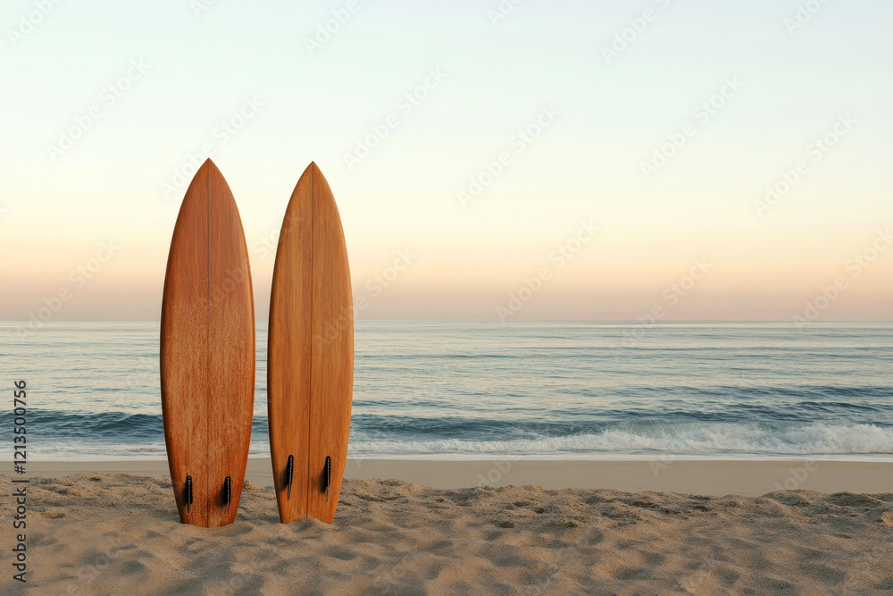 A minimalistic summer beach scene with a surfboard standing upright on soft sand. A minimalistic summer beach scene with a surfboard standing upright on soft sand.