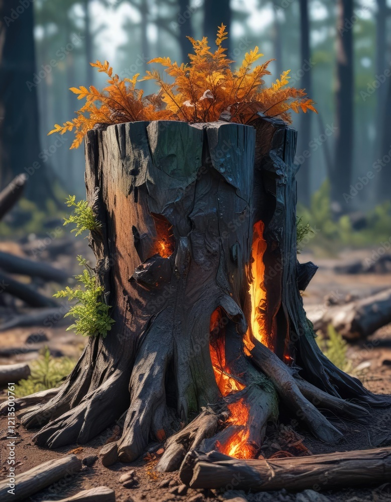 Charred tree stump with foliage growing around it, burnt wood, woody branches, environmental impact Charred tree stump with foliage growing around it, burnt wood, woody branches, environmental impact