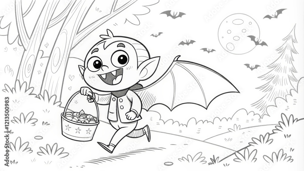Fototapeta premium Cute Vampire Trick-or-Treating Halloween Line Art, Black and White Illustration, Night Scene Halloween, Coloring Page