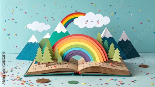 Paper Craft Rainbow Mountain Scene in Open Book, Paper Art, Children's Book Illustration Papercraft, Rainbow