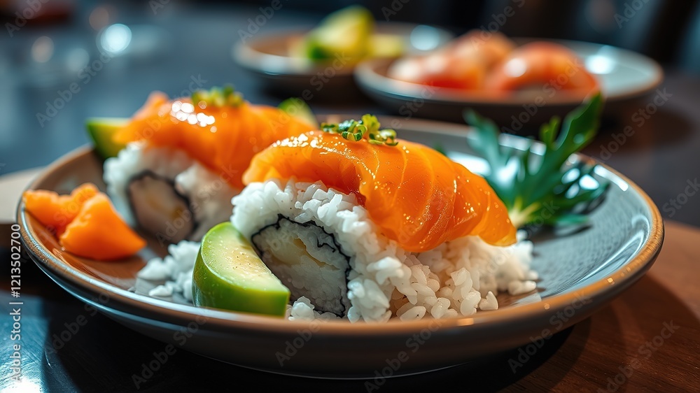 Salmon Avocado Sushi Plate - Delicious & Fresh, High-Quality Food Photography Salmon Avocado Sushi Plate - Delicious & Fresh, High-Quality Food Photography