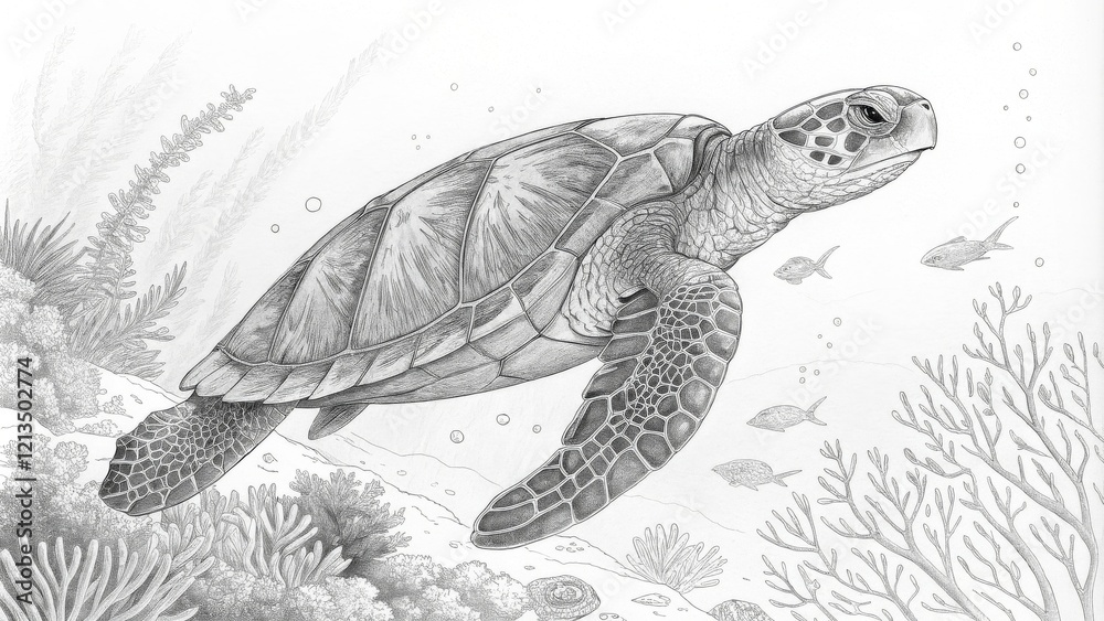 Fototapeta premium Pencil Sketch Underwater Sea Turtle Composition, Detailed Shell and Coral Reef, Monochrome Art, marine life Sea Turtle, Pencil Drawing
