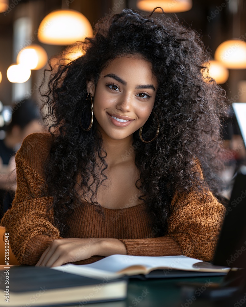 Smiling young woman with curly hair sits at a cafe table, studying a book. Warm lighting adds to the cozy, inviting atmosphere. Smiling young woman with curly hair sits at a cafe table, studying a book. Warm lighting adds to the cozy, inviting atmosphere.