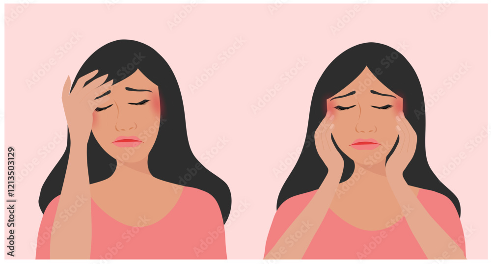 Unhappy woman having migraine headache vector illustration. Health problem concept Unhappy woman having migraine headache vector illustration. Health problem concept