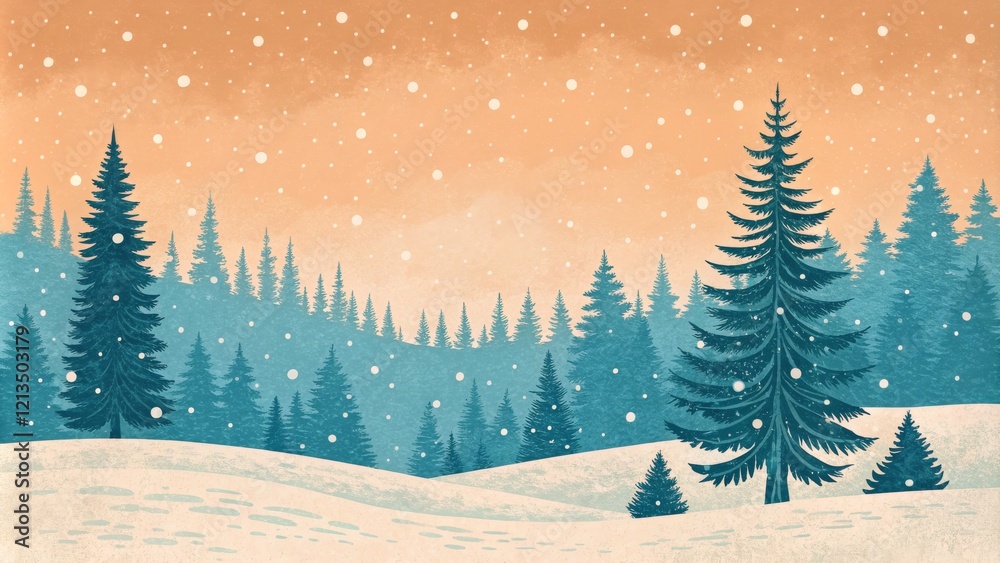Naklejka premium Snowy Winter Landscape Digital Painting of Pine Trees, Snowfall and Footprints, Winter Wonderland, Christmas card Winter scene, Christmas art