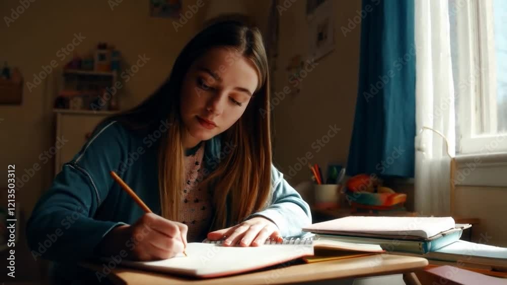 young man studying writing in a notebook
