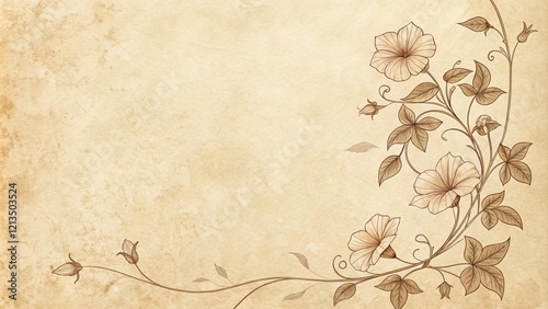 Vintage Floral Composition Sepia Line Art Flowers on Antique Parchment Background, Floral Design, Antique Paper Floral Illustration, Botanical Art