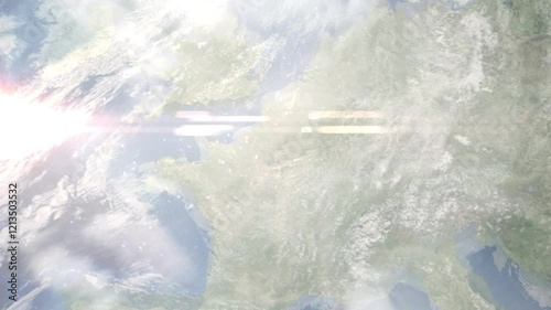 Earth zoom in from space and focus on Saint-Denis, France. Background for travel blog or intro. Satellite view. 3D style animation. Images from NASA.