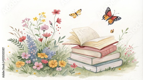 Watercolor Book Stack in Wildflowers, Butterflies, Nature Scene, Botanical Illustration, Spring Reading Keywords book stack, watercolor painting