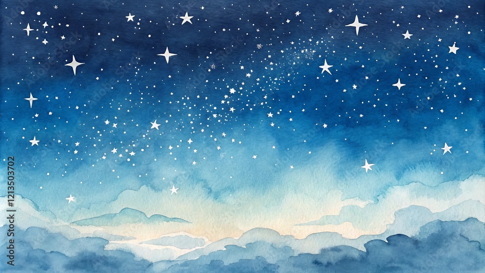 Fototapeta premium Watercolor Night Sky Starry Landscape, Blue Hues, Dreamy Clouds, Celestial Art, Night Scene Watercolor painting, stars