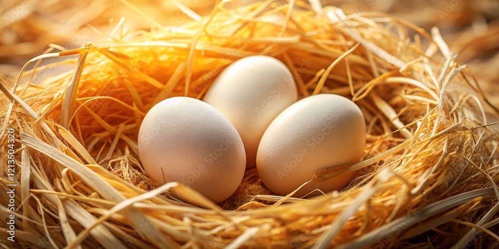 Soft light illuminates a straw nest holding pristine white eggs. Soft light illuminates a straw nest holding pristine white eggs.