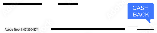 Blue speech bubble with Cash Back text on the right side. Black horizontal lines representing text or code on left. Ideal for finance, rebates, promotions, savings, rewards, digital marketing
