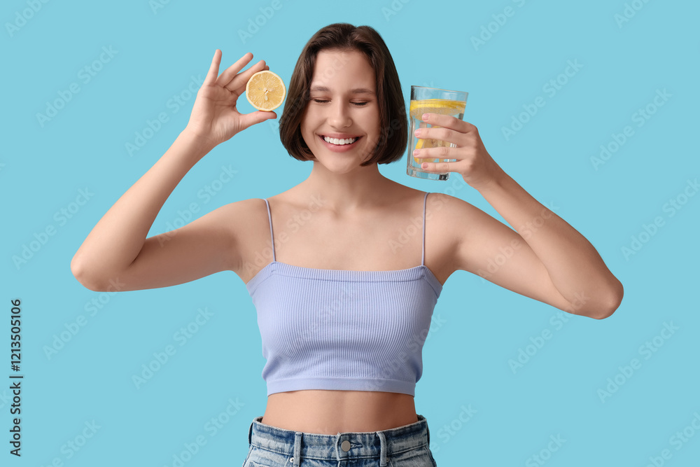 Pretty young woman with glass of infused water and lemon on blue background Pretty young woman with glass of infused water and lemon on blue background