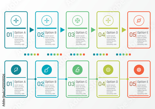 2 sets of 5 options business infographic template, simple flat rectangular frame with specific symbols in circle