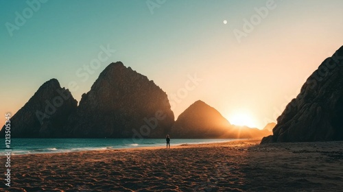 Serene Sunset  Person Silhouetted on Beach  Ocean  Mountains  Moon