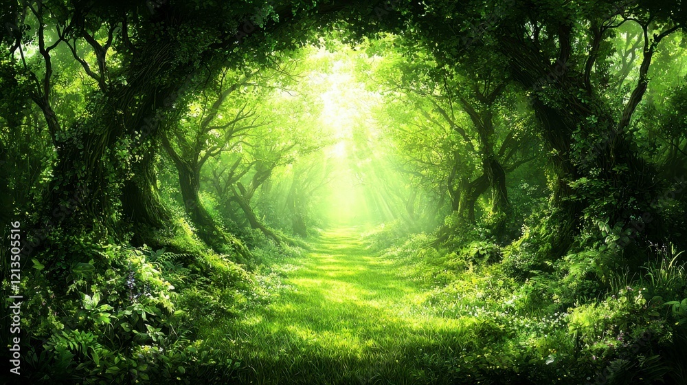 Fototapeta premium A lush green forest with sunlight filtering through the trees, emphasizing the importance of environmental conservation and preserving natural habitats for biodiversity in a realistic photo.