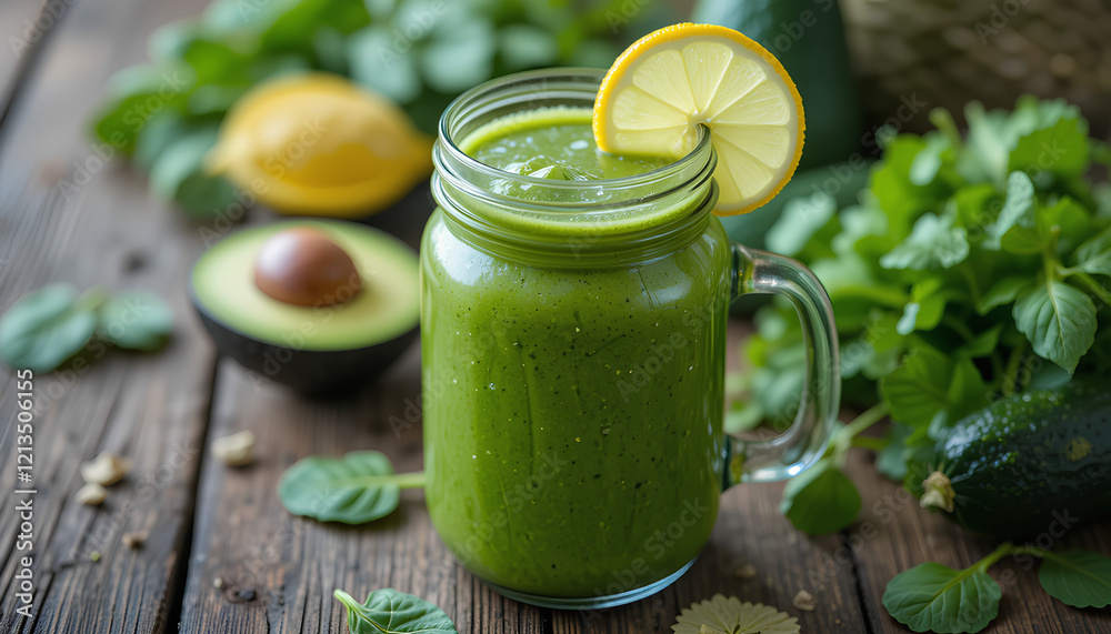 Close up of a refreshing green smoothie made with fresh spinach, avocado, cucumber
