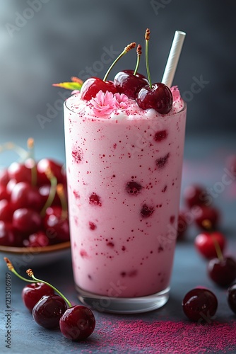Wallpaper Mural Pink cherry smoothie, summer drink, dark background, fruit. Use menu, recipe Torontodigital.ca