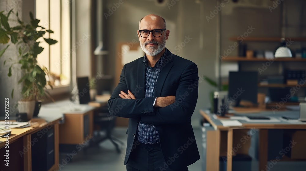 Fototapeta premium Confident Bald Businessman Stands Arms Crossed in Office