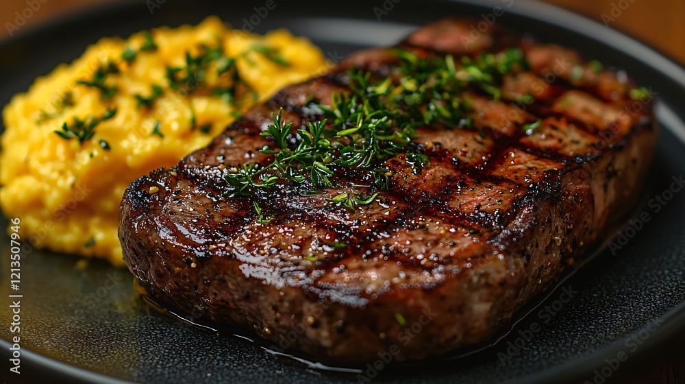 Grilled steak, creamy polenta, thyme. Restaurant food photography Grilled steak, creamy polenta, thyme. Restaurant food photography