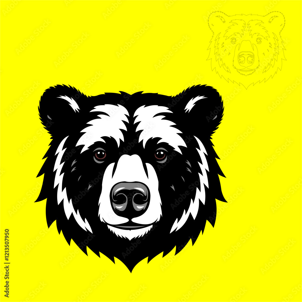 Obraz premium Vector illustration of a bear's head in minimalist style and contrasting colors. The bright yellow background highlights the black and white design of the bear's head. Suitable for logo design needs, 