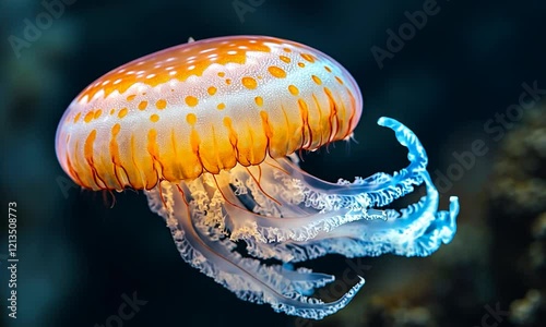 Vibrant jellyfish gracefully floating in clear ocean waters, surrounded by colorful coral reefs photo