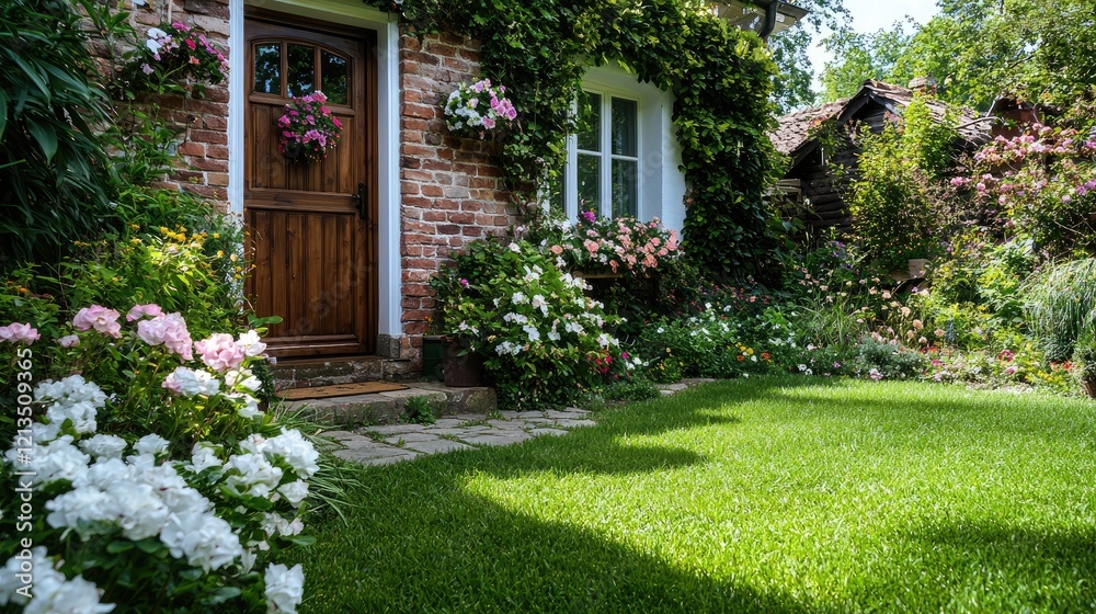 Obraz premium Cottage garden, brick house, flowers, sunny day, green lawn, idyllic scene, real estate