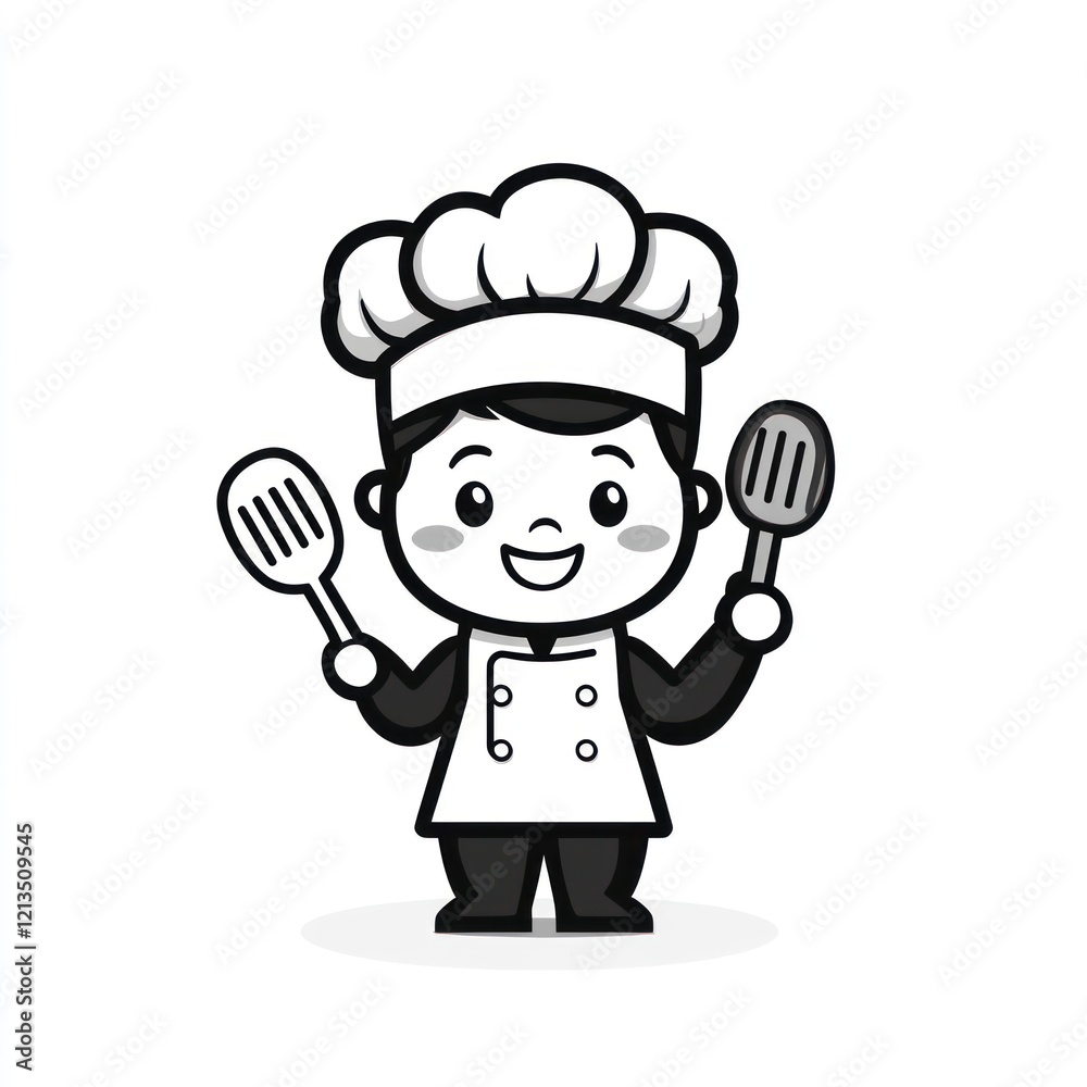 Cartoon chef holding spatulas, simple graphic, cooking concept, stock photo Cartoon chef holding spatulas, simple graphic, cooking concept, stock photo