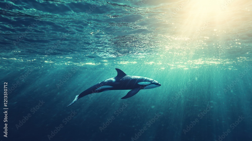 Orca Gracefully Swimming in a Sunlit Ocean Orca Gracefully Swimming in a Sunlit Ocean