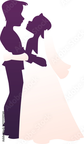 Valentine day and wedding couple silhouette, vector love symbol. Bride and bridegroom silhouette of couple kissing and embracing, woman in wedding dress with veil and man in tuxedo for Valentine day