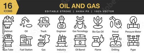 Oil And Gas icon set. Editable Stroke Icon Collection. Includes industry, gas, oil, energy, refinery, factory, and More. Outline icons vector collection.