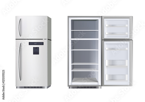 3d realistic vector icon illustration. Kitchen appliance, two doors frigde closed and open, empty with shelves. 