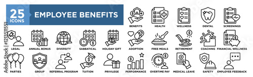 Employee Benefits icon collection set. Containing design employee, business, insurance, health, pay, benefit, bonus	