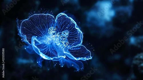 Ethereal blue jellyfish floating gracefully in the dark ocean depths