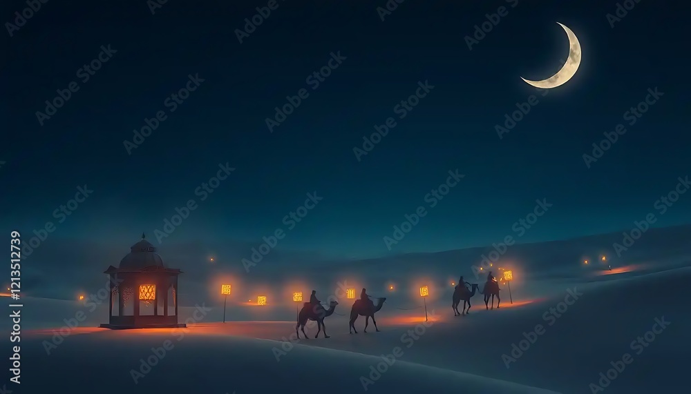 Obraz premium Nighttime Desert Caravan Journey Under Crescent Moon