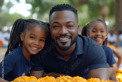 Happy Black father and his two daughters smiling at the camera in a park.