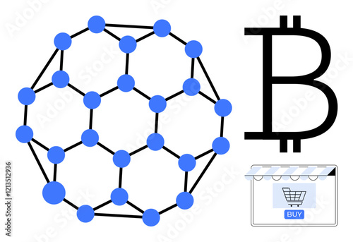 Blockchain network with blue nodes and black connections, neighboring a Bitcoin symbol, and a shopping cart with a BUY button. Ideal for finance, technology, e-commerce, cryptocurrency, blockchain