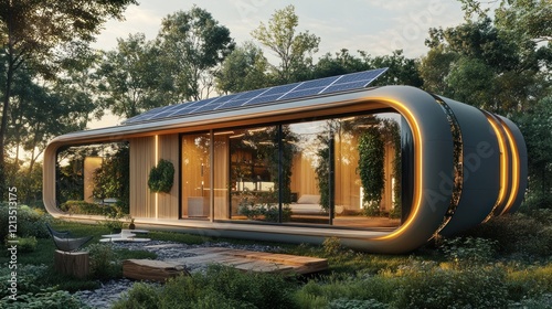 Modern sustainable house, forest setting, solar panels, evening light, eco-friendly home