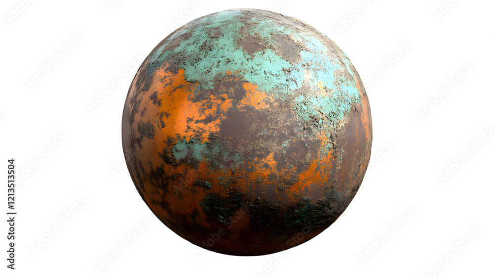 A solid copper sphere with a weathered patina giving it a mix of green and orange hues, carefully positioned in the center on a transparent background A solid copper sphere with a weathered patina giving it a mix of green and orange hues, carefully positioned in the center on a transparent background