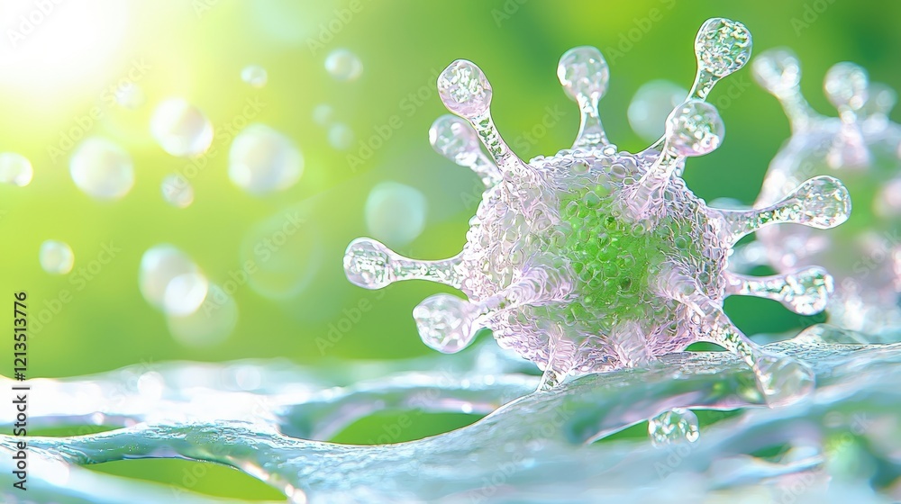 custom made wallpaper toronto digitalMicroscopic virus on a green surface, sunlight background, medical research illustration
